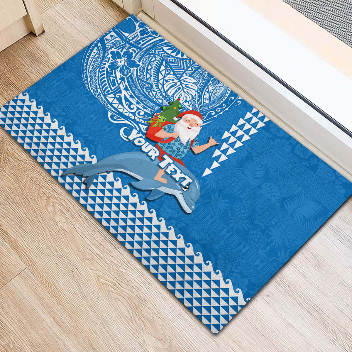 Custom Hawaii Mele Kalikimaka Rubber Doormat Santa Riding The DolPhin Mix Kakau Pattern Blue Style LT03 - Polynesian Pride