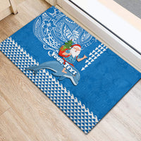 Custom Hawaii Mele Kalikimaka Rubber Doormat Santa Riding The DolPhin Mix Kakau Pattern Blue Style LT03 - Polynesian Pride