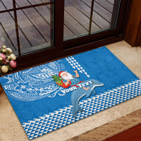 Custom Hawaii Mele Kalikimaka Rubber Doormat Santa Riding The DolPhin Mix Kakau Pattern Blue Style LT03 - Polynesian Pride