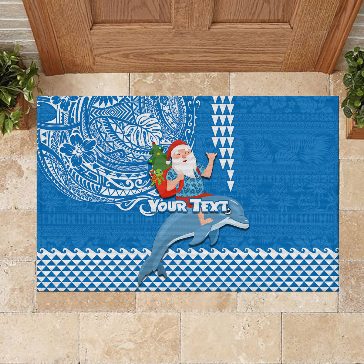 Custom Hawaii Mele Kalikimaka Rubber Doormat Santa Riding The DolPhin Mix Kakau Pattern Blue Style LT03 - Polynesian Pride