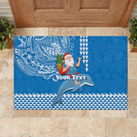 Custom Hawaii Mele Kalikimaka Rubber Doormat Santa Riding The DolPhin Mix Kakau Pattern Blue Style LT03 - Polynesian Pride