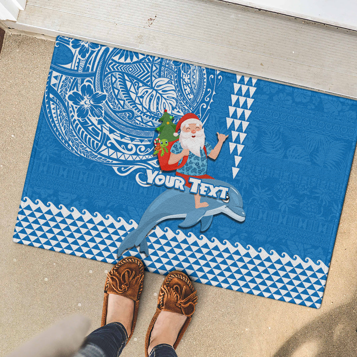 Custom Hawaii Mele Kalikimaka Rubber Doormat Santa Riding The DolPhin Mix Kakau Pattern Blue Style LT03 - Polynesian Pride