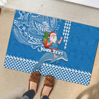 Custom Hawaii Mele Kalikimaka Rubber Doormat Santa Riding The DolPhin Mix Kakau Pattern Blue Style LT03 - Polynesian Pride