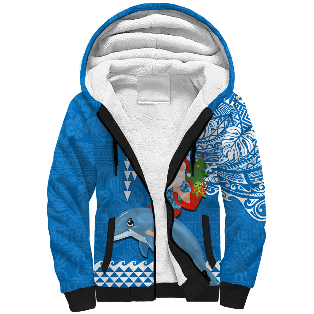 Custom Hawaii Mele Kalikimaka Sherpa Hoodie Santa Riding The DolPhin Mix Kakau Pattern Blue Style LT03 Unisex Blue - Polynesian Pride