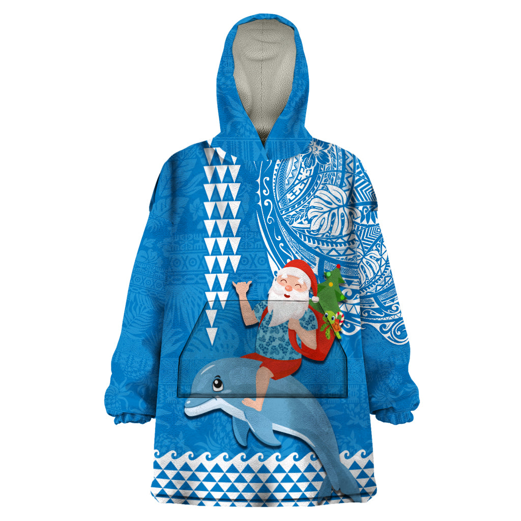 Custom Hawaii Mele Kalikimaka Wearable Blanket Hoodie Santa Riding The DolPhin Mix Kakau Pattern Blue Style LT03 One Size Blue - Polynesian Pride