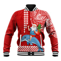 Hawaii Mele Kalikimaka Baseball Jacket Santa Riding The DolPhin Mix Kakau Pattern Red Style LT03 Unisex Red - Polynesian Pride