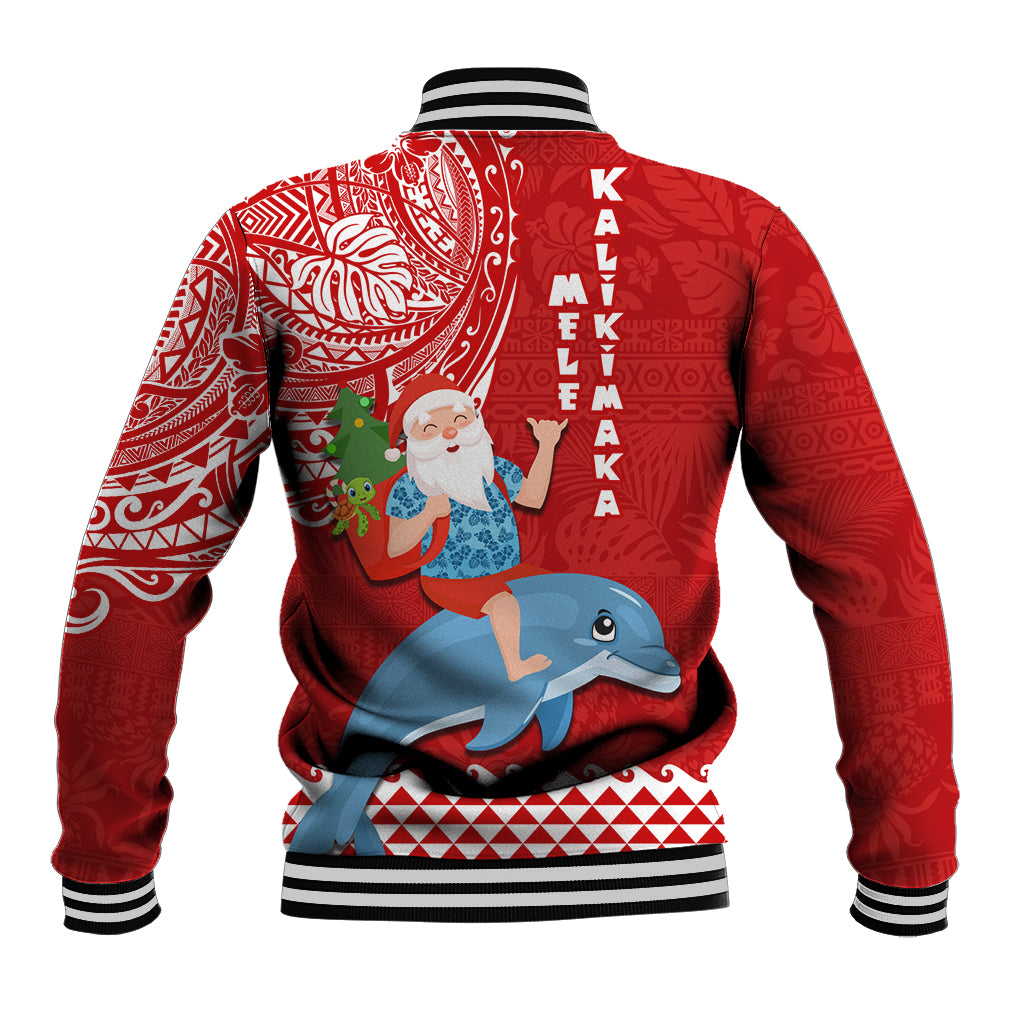 Hawaii Mele Kalikimaka Baseball Jacket Santa Riding The DolPhin Mix Kakau Pattern Red Style LT03 - Polynesian Pride