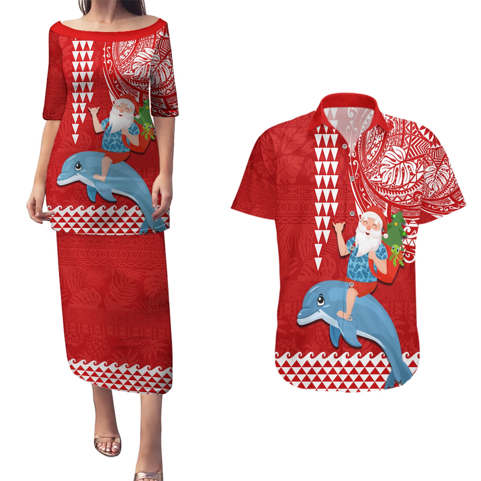 Hawaii Mele Kalikimaka Couples Matching Puletasi Dress and Hawaiian Shirt Santa Riding The DolPhin Mix Kakau Pattern Red Style LT03 Red - Polynesian Pride