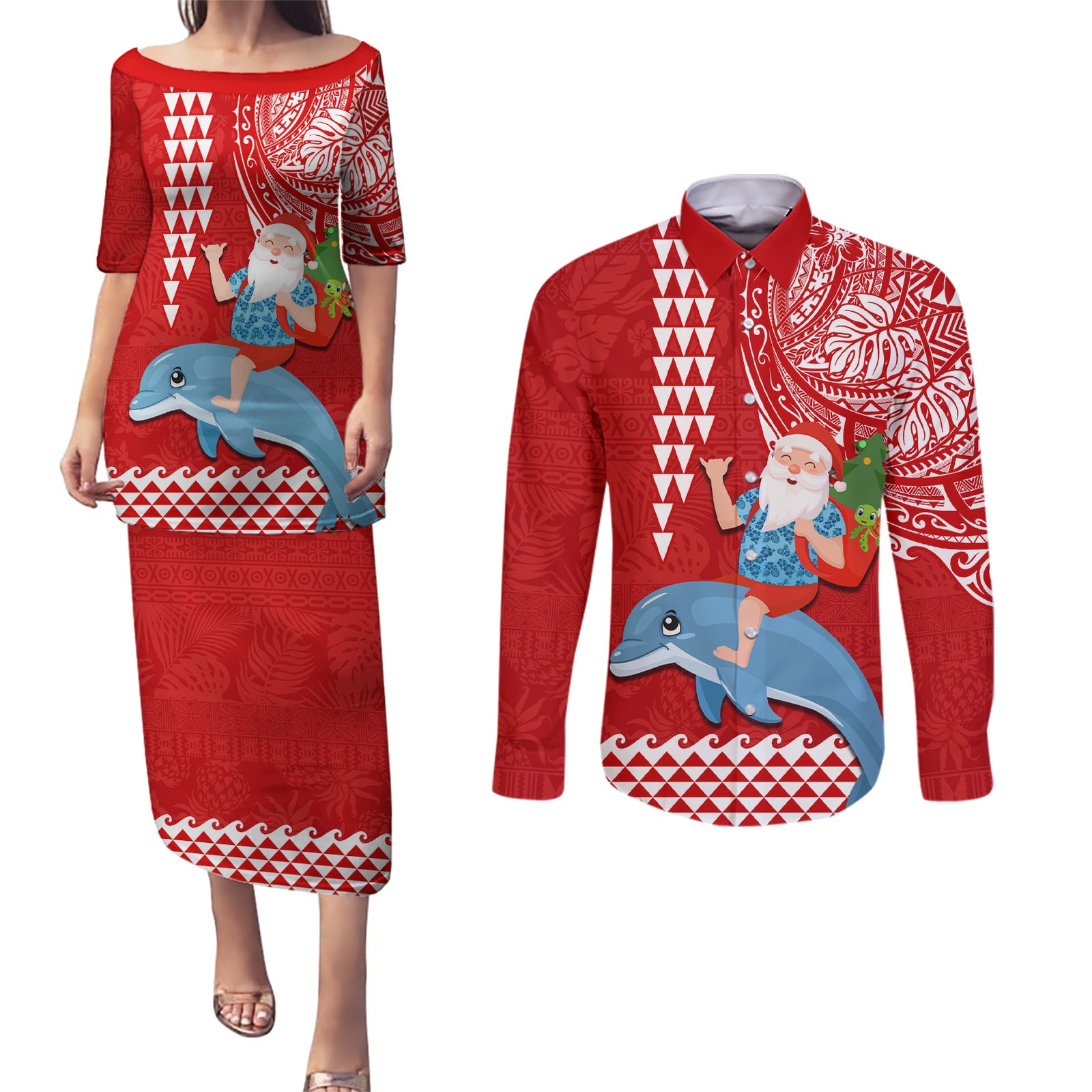 Hawaii Mele Kalikimaka Couples Matching Puletasi Dress and Long Sleeve Button Shirt Santa Riding The DolPhin Mix Kakau Pattern Red Style LT03 Red - Polynesian Pride