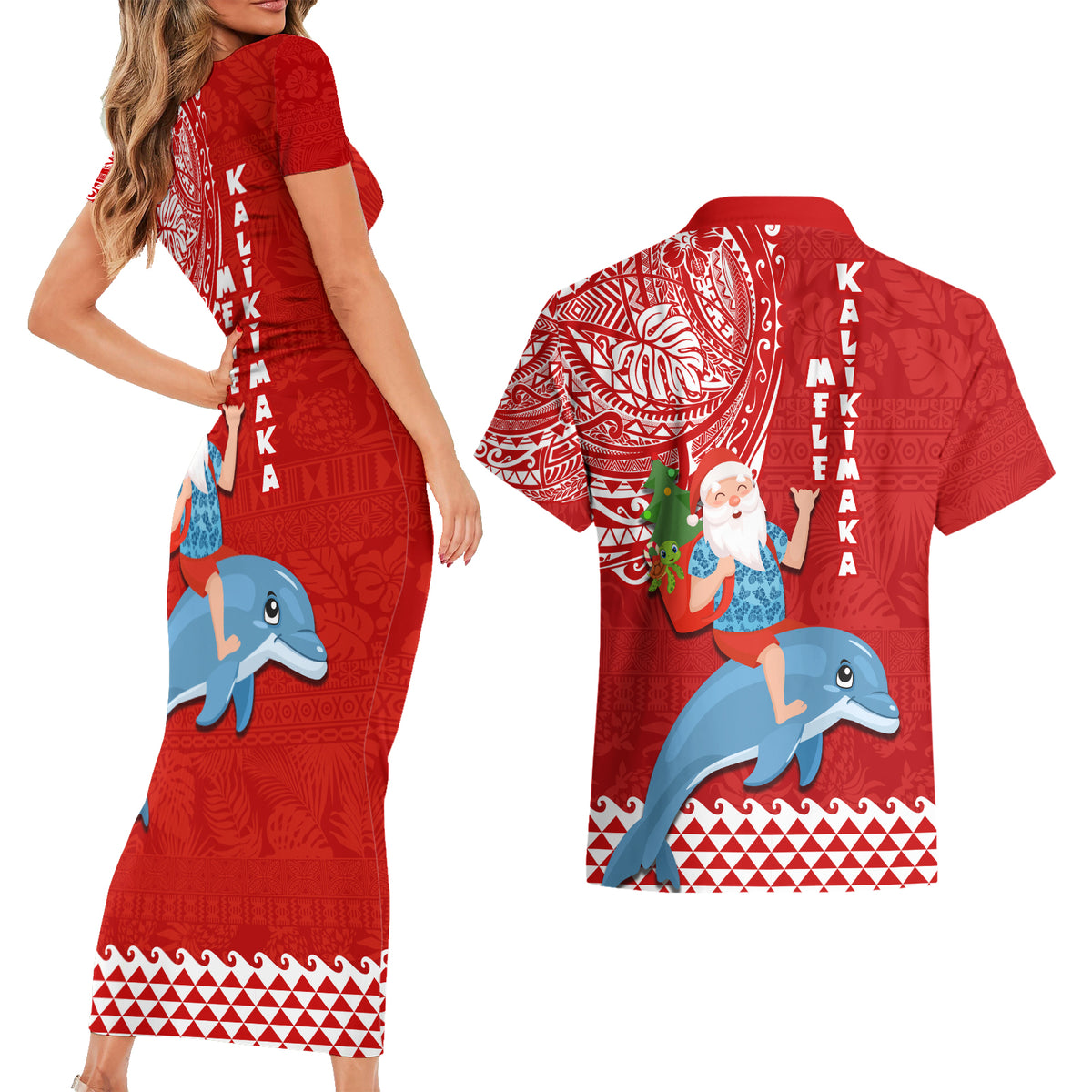 Hawaii Mele Kalikimaka Couples Matching Short Sleeve Bodycon Dress and Hawaiian Shirt Santa Riding The DolPhin Mix Kakau Pattern Red Style LT03 - Polynesian Pride
