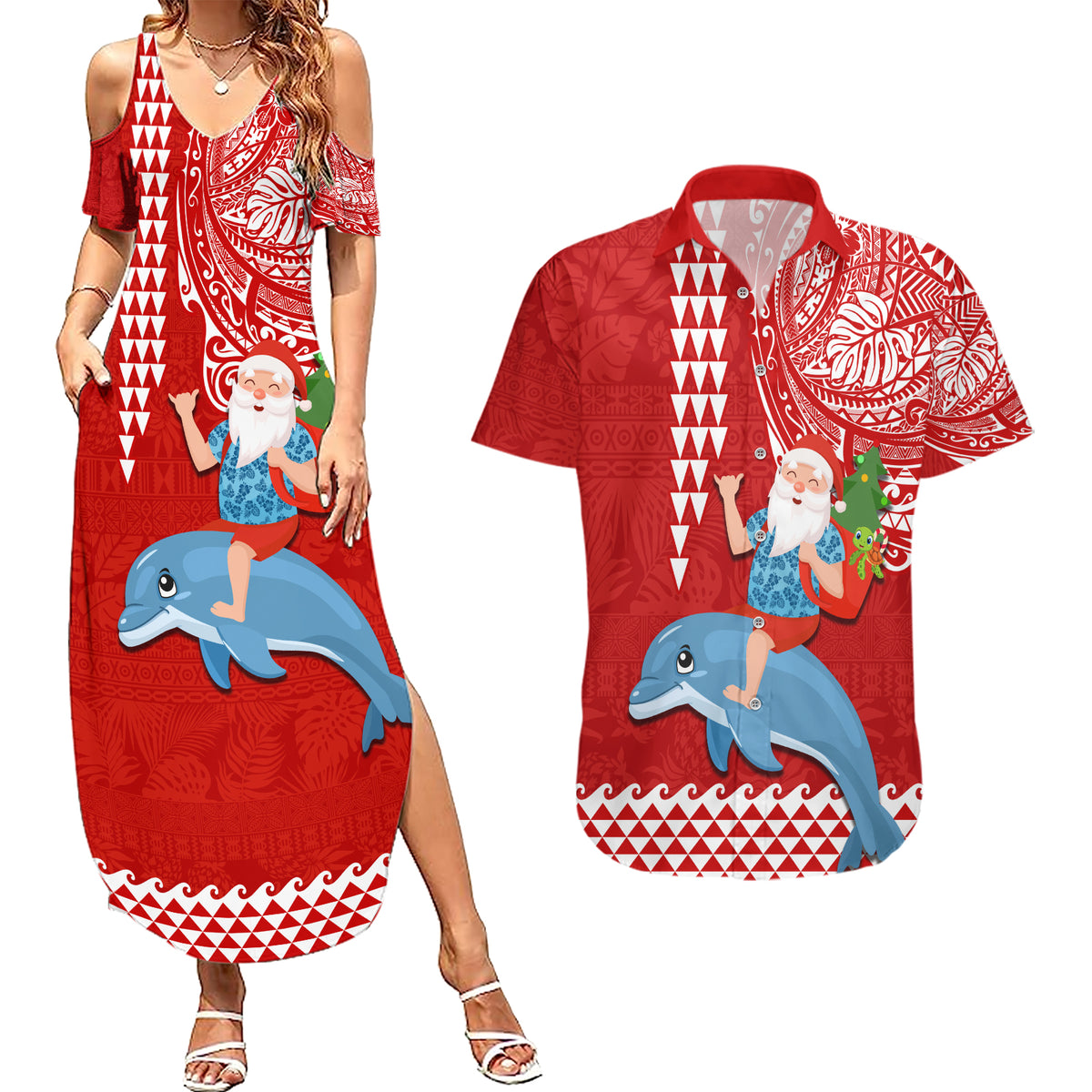 Hawaii Mele Kalikimaka Couples Matching Summer Maxi Dress and Hawaiian Shirt Santa Riding The DolPhin Mix Kakau Pattern Red Style LT03 Red - Polynesian Pride