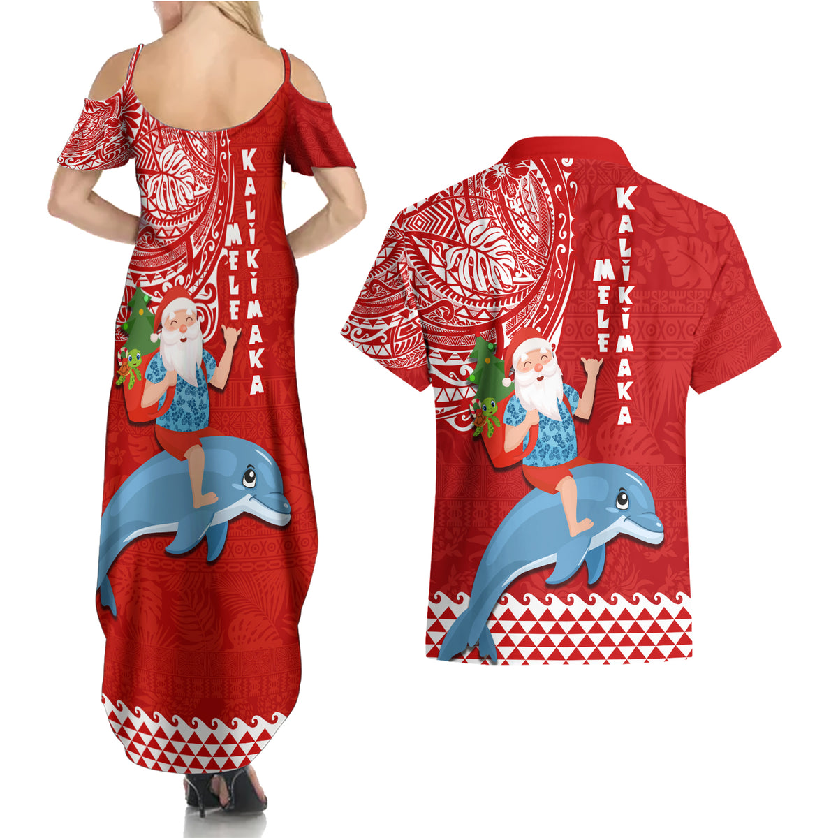 Hawaii Mele Kalikimaka Couples Matching Summer Maxi Dress and Hawaiian Shirt Santa Riding The DolPhin Mix Kakau Pattern Red Style LT03 - Polynesian Pride