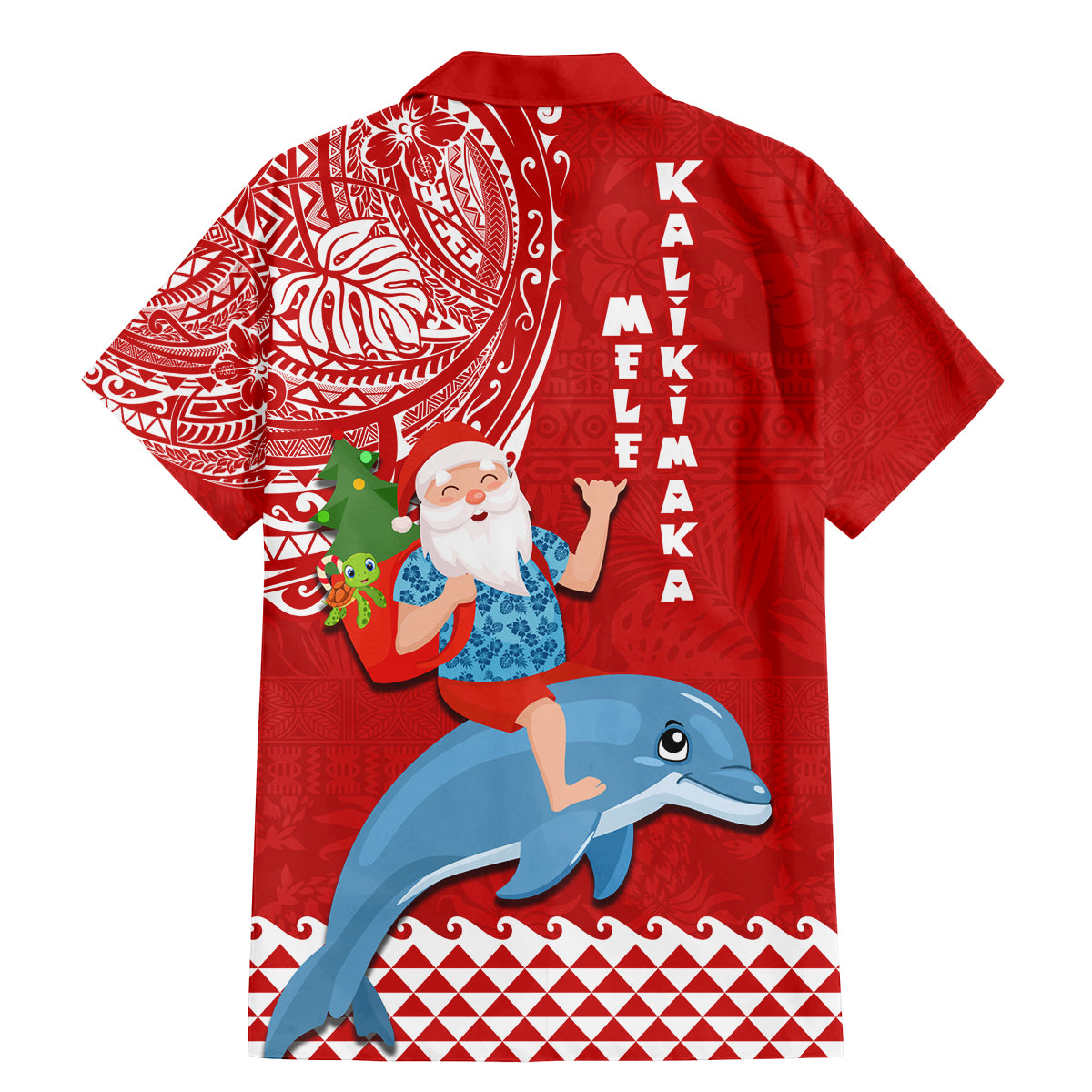 Hawaii Mele Kalikimaka Family Matching Mermaid Dress and Hawaiian Shirt Santa Riding The DolPhin Mix Kakau Pattern Red Style LT03 - Polynesian Pride