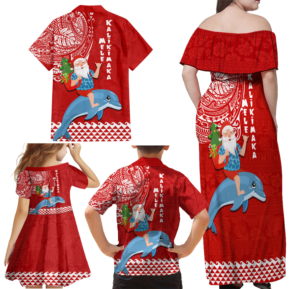 Hawaii Mele Kalikimaka Family Matching Off Shoulder Maxi Dress and Hawaiian Shirt Santa Riding The DolPhin Mix Kakau Pattern Red Style LT03 - Polynesian Pride