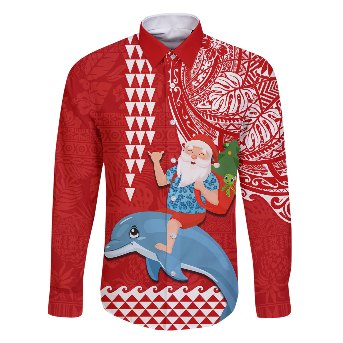 Hawaii Mele Kalikimaka Family Matching Off Shoulder Maxi Dress and Hawaiian Shirt Santa Riding The DolPhin Mix Kakau Pattern Red Style LT03 Dad's Shirt - Long Sleeve Red - Polynesian Pride