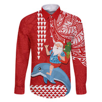 Hawaii Mele Kalikimaka Family Matching Off Shoulder Maxi Dress and Hawaiian Shirt Santa Riding The DolPhin Mix Kakau Pattern Red Style LT03 Dad's Shirt - Long Sleeve Red - Polynesian Pride