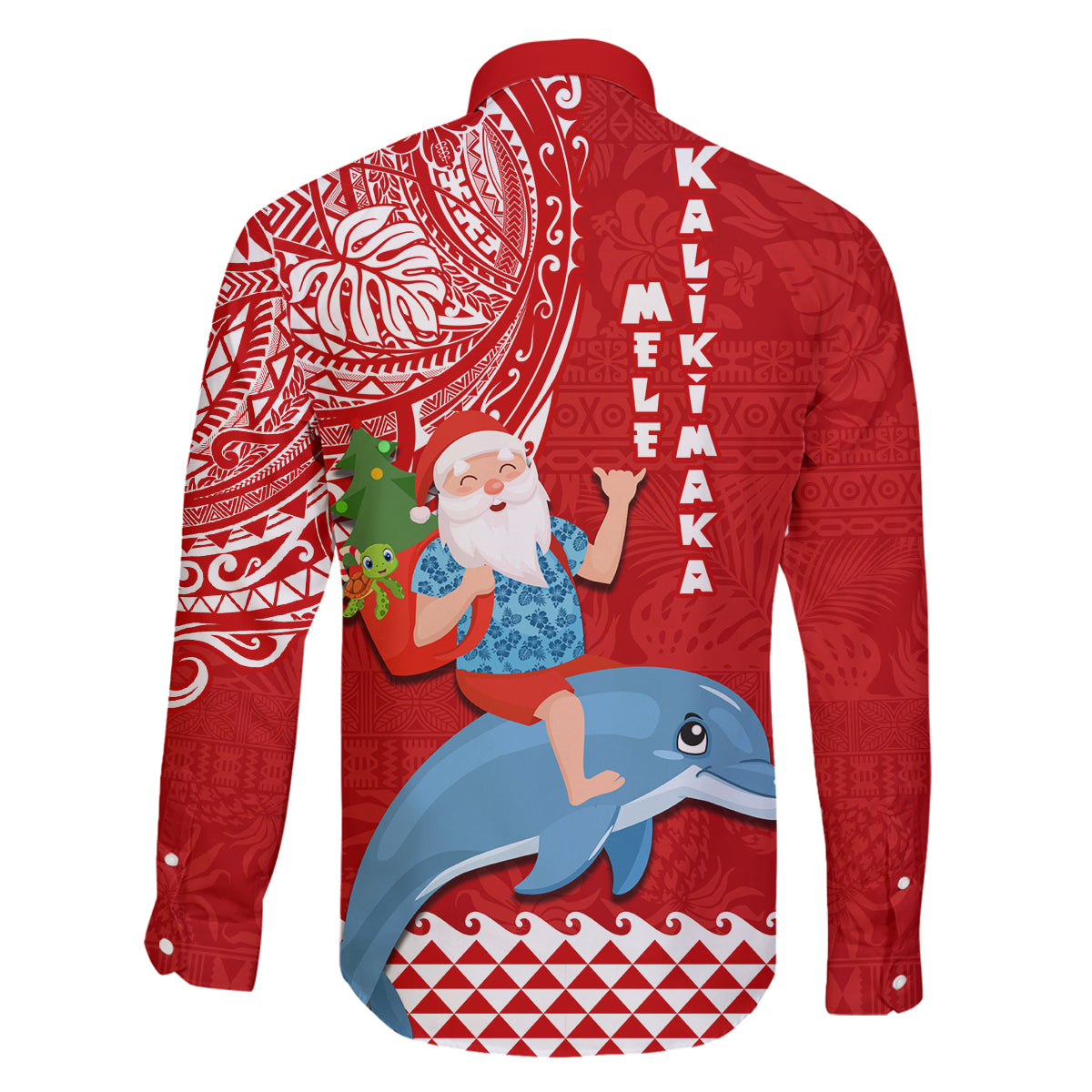 Hawaii Mele Kalikimaka Family Matching Off Shoulder Short Dress and Hawaiian Shirt Santa Riding The DolPhin Mix Kakau Pattern Red Style LT03 - Polynesian Pride