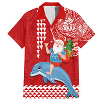 Hawaii Mele Kalikimaka Family Matching Summer Maxi Dress and Hawaiian Shirt Santa Riding The DolPhin Mix Kakau Pattern Red Style LT03 Dad's Shirt - Short Sleeve Red - Polynesian Pride