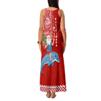 Hawaii Mele Kalikimaka Family Matching Tank Maxi Dress and Hawaiian Shirt Santa Riding The DolPhin Mix Kakau Pattern Red Style LT03 - Polynesian Pride