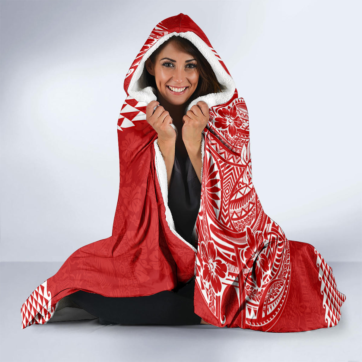 Hawaii Mele Kalikimaka Hooded Blanket Santa Riding The DolPhin Mix Kakau Pattern Red Style LT03 - Polynesian Pride