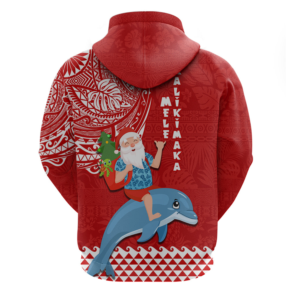 Hawaii Mele Kalikimaka Hoodie Santa Riding The DolPhin Mix Kakau Pattern Red Style LT03 - Polynesian Pride