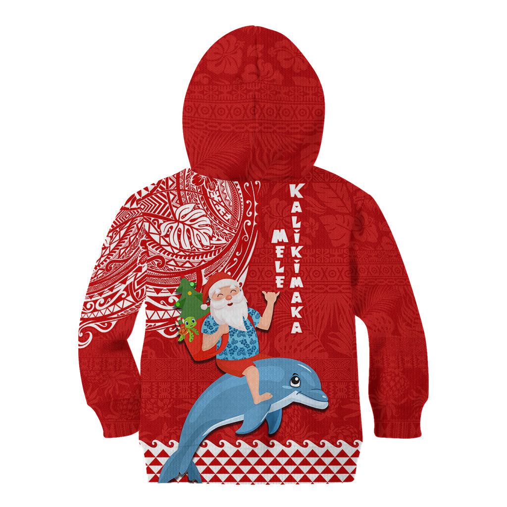 Hawaii Mele Kalikimaka Kid Hoodie Santa Riding The DolPhin Mix Kakau Pattern Red Style LT03 - Polynesian Pride
