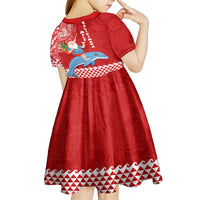 Hawaii Mele Kalikimaka Kid Short Sleeve Dress Santa Riding The DolPhin Mix Kakau Pattern Red Style LT03 - Polynesian Pride
