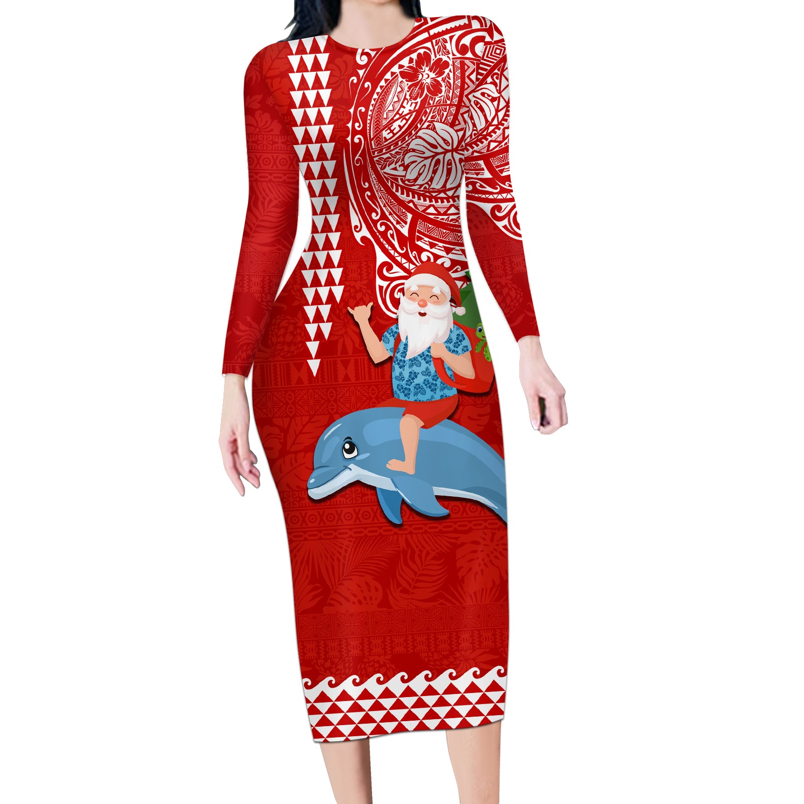Hawaii Mele Kalikimaka Long Sleeve Bodycon Dress Santa Riding The DolPhin Mix Kakau Pattern Red Style LT03 Long Dress Red - Polynesian Pride