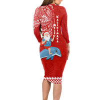 Hawaii Mele Kalikimaka Long Sleeve Bodycon Dress Santa Riding The DolPhin Mix Kakau Pattern Red Style LT03 - Polynesian Pride