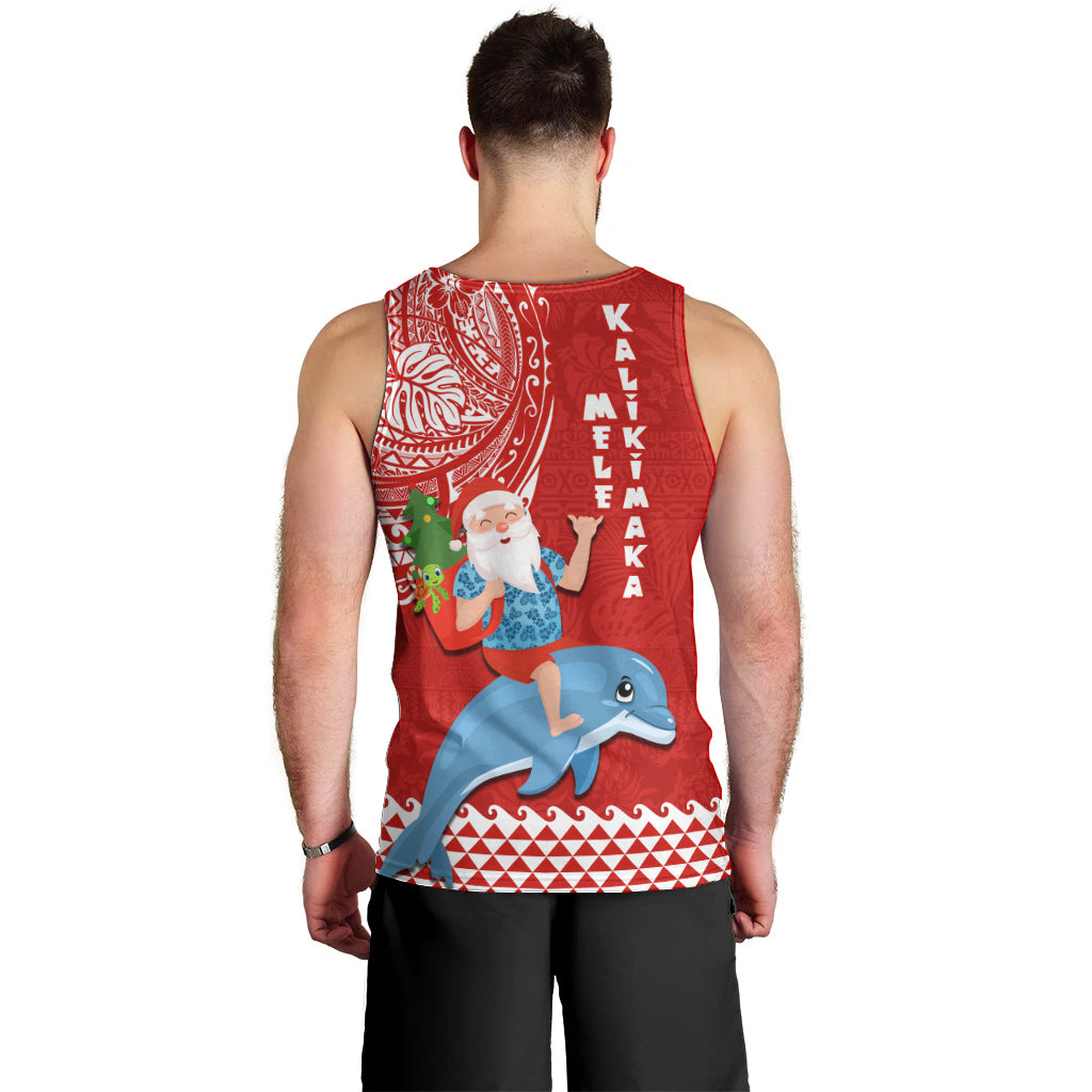 Hawaii Mele Kalikimaka Men Tank Top Santa Riding The DolPhin Mix Kakau Pattern Red Style LT03 - Polynesian Pride