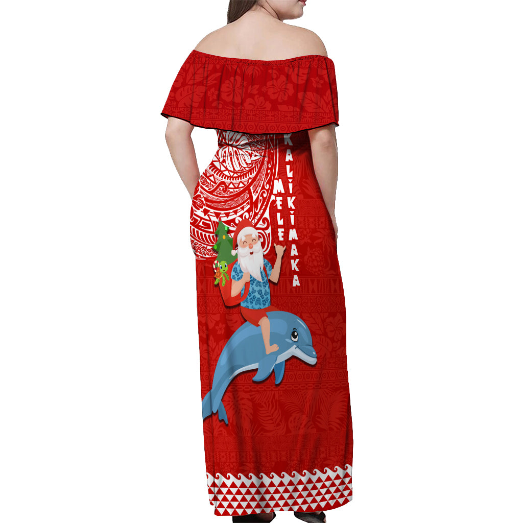 Hawaii Mele Kalikimaka Off Shoulder Maxi Dress Santa Riding The DolPhin Mix Kakau Pattern Red Style LT03 - Polynesian Pride