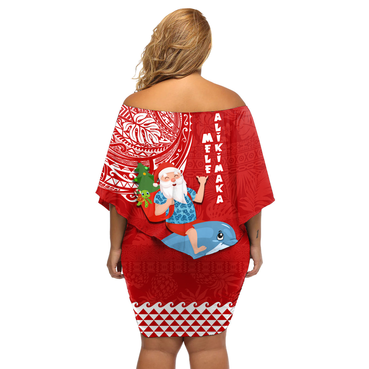 Hawaii Mele Kalikimaka Off Shoulder Short Dress Santa Riding The DolPhin Mix Kakau Pattern Red Style LT03 - Polynesian Pride