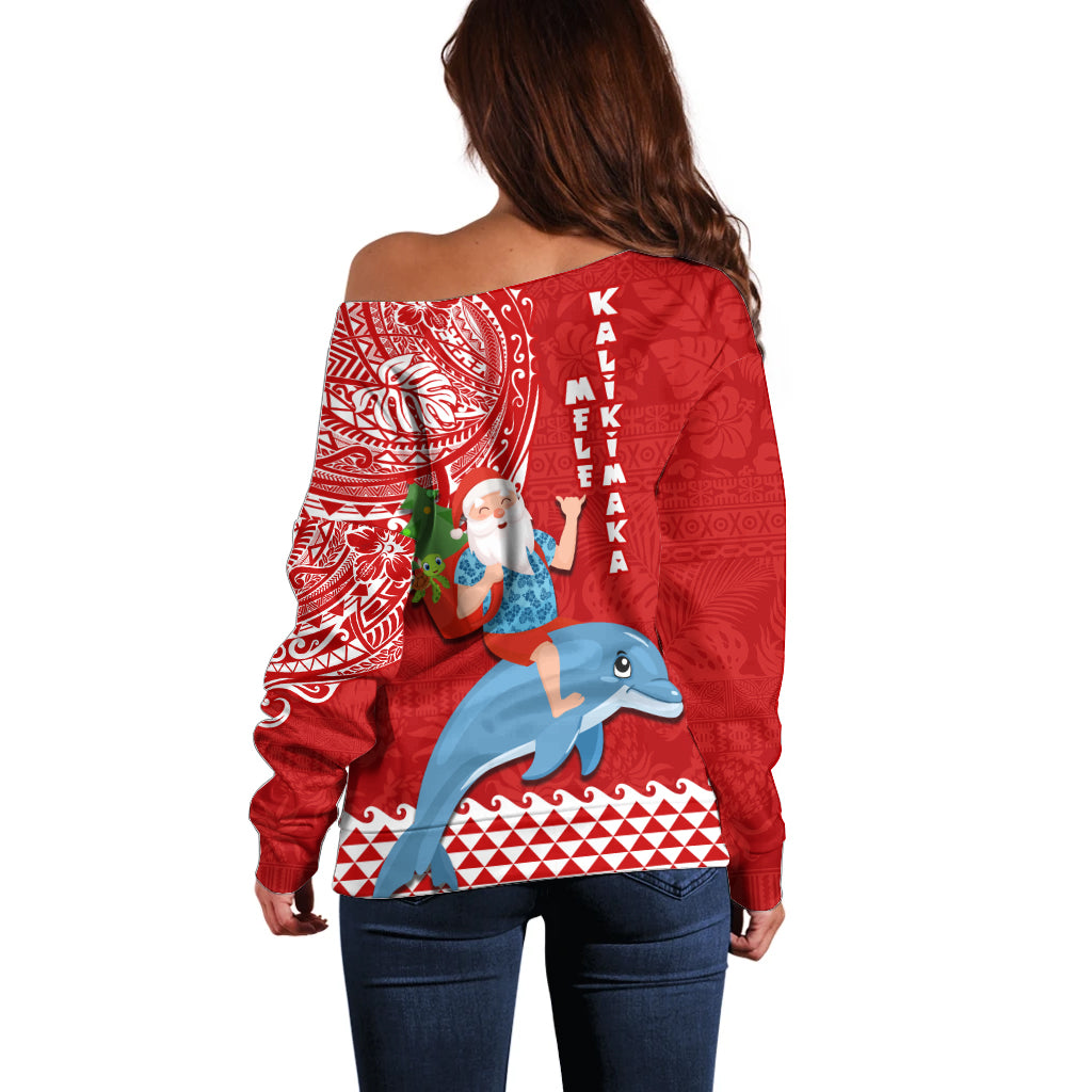 Hawaii Mele Kalikimaka Off Shoulder Sweater Santa Riding The DolPhin Mix Kakau Pattern Red Style LT03 - Polynesian Pride