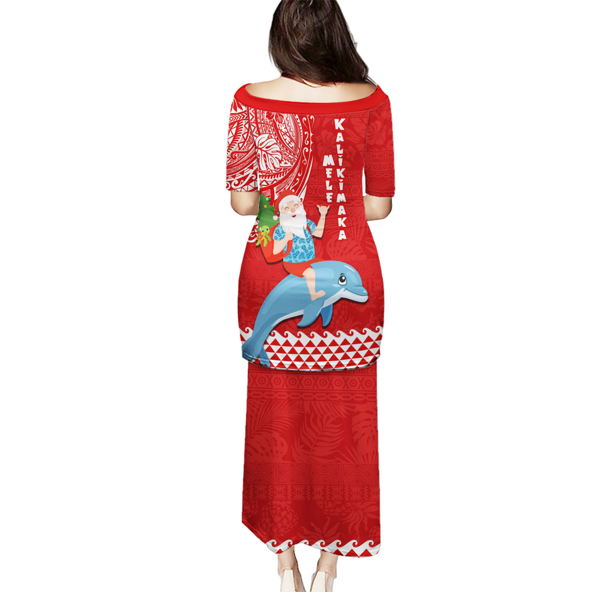Hawaii Mele Kalikimaka Puletasi Santa Riding The DolPhin Mix Kakau Pattern Red Style LT03 - Polynesian Pride