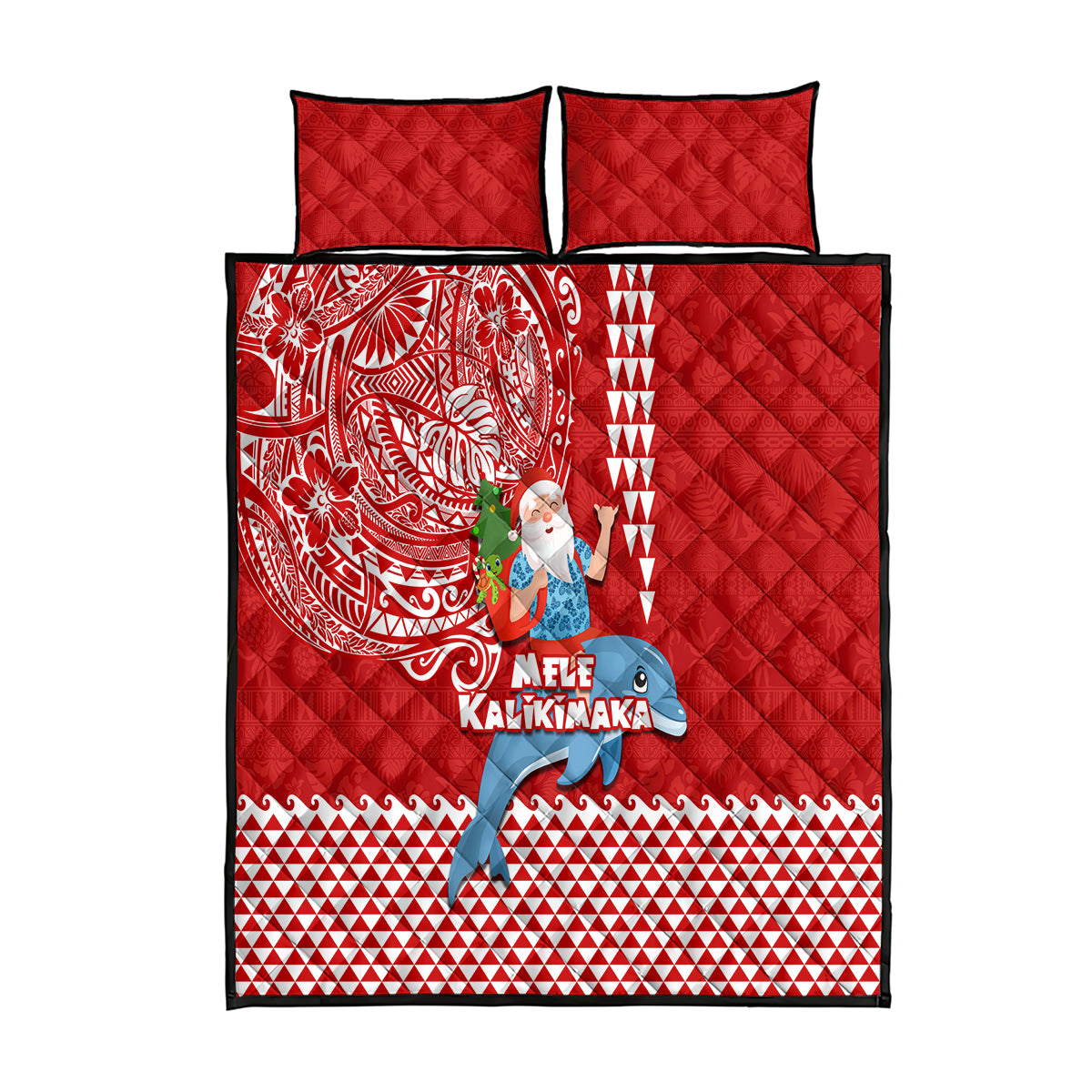 Hawaii Mele Kalikimaka Quilt Bed Set Santa Riding The DolPhin Mix Kakau Pattern Red Style LT03 Red - Polynesian Pride