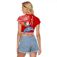 Hawaii Mele Kalikimaka Raglan Cropped T Shirt Santa Riding The DolPhin Mix Kakau Pattern Red Style LT03 - Polynesian Pride