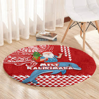 Hawaii Mele Kalikimaka Round Carpet Santa Riding The DolPhin Mix Kakau Pattern Red Style LT03 - Polynesian Pride