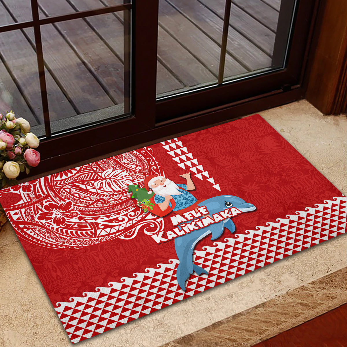 Hawaii Mele Kalikimaka Rubber Doormat Santa Riding The DolPhin Mix Kakau Pattern Red Style LT03 - Polynesian Pride