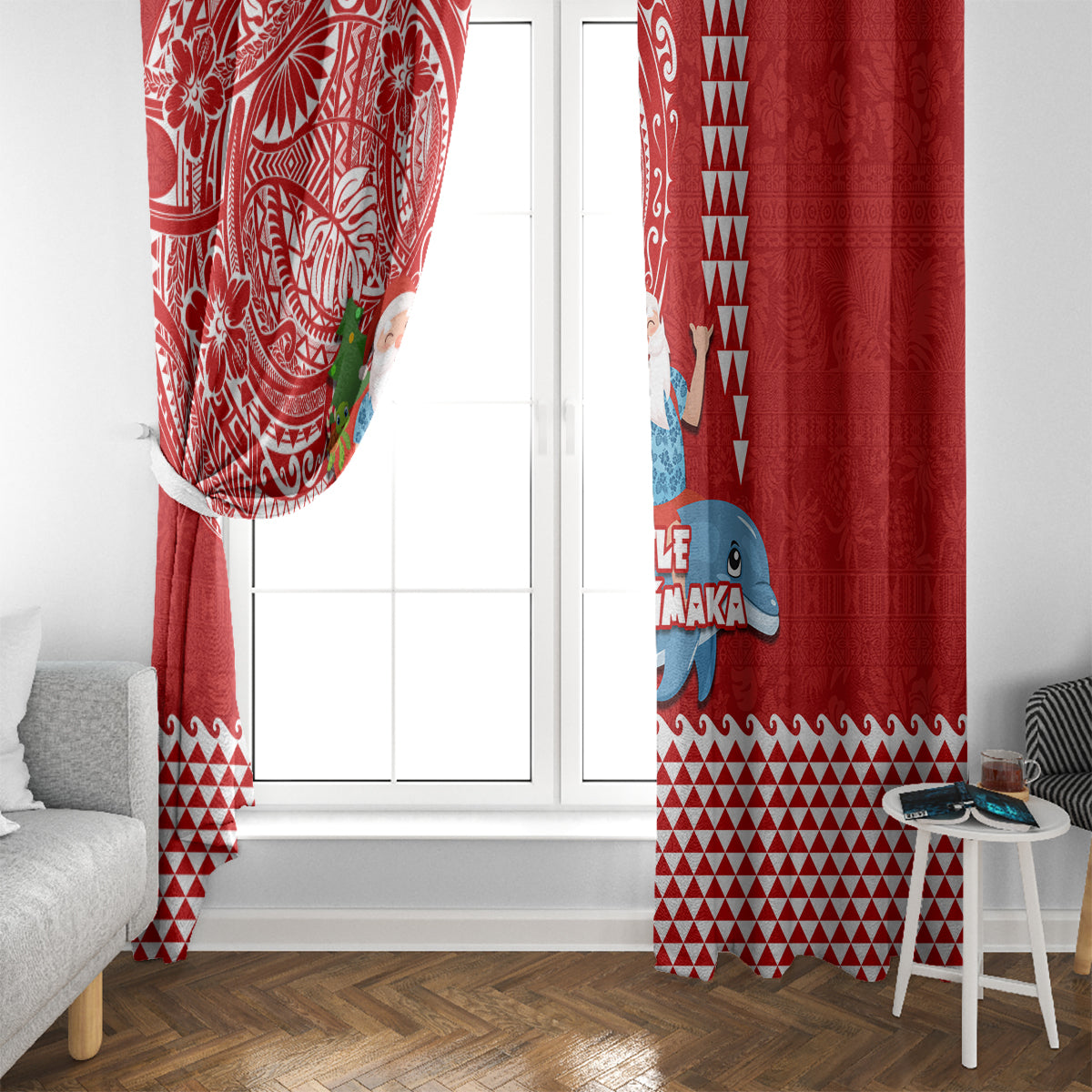 Hawaii Mele Kalikimaka Window Curtain Santa Riding The DolPhin Mix Kakau Pattern Red Style LT03 - Polynesian Pride