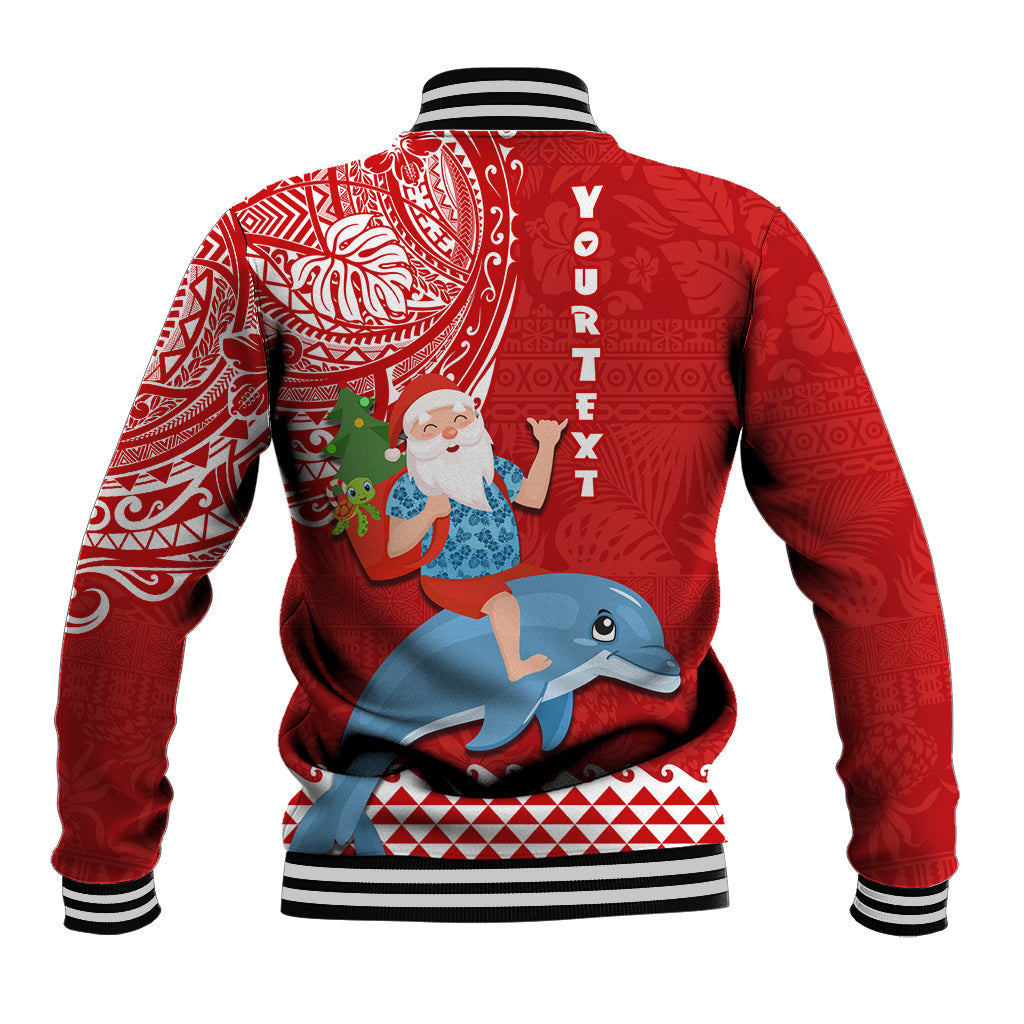 Custom Hawaii Mele Kalikimaka Baseball Jacket Santa Riding The DolPhin Mix Kakau Pattern Red Style LT03 - Polynesian Pride