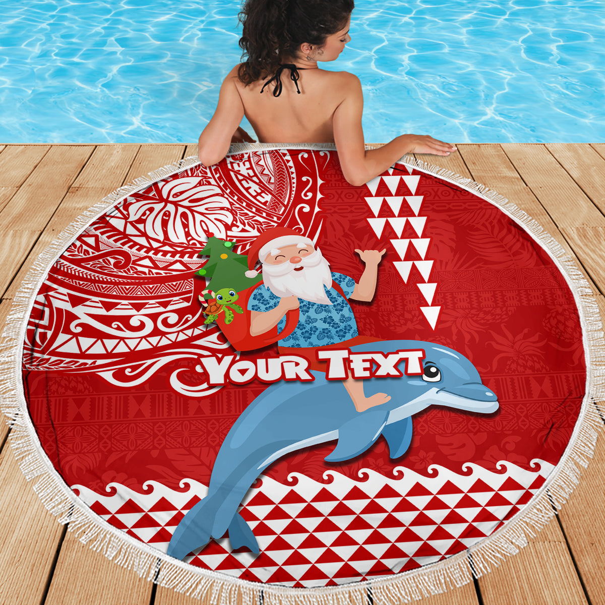 Custom Hawaii Mele Kalikimaka Beach Blanket Santa Riding The DolPhin Mix Kakau Pattern Red Style LT03 - Polynesian Pride