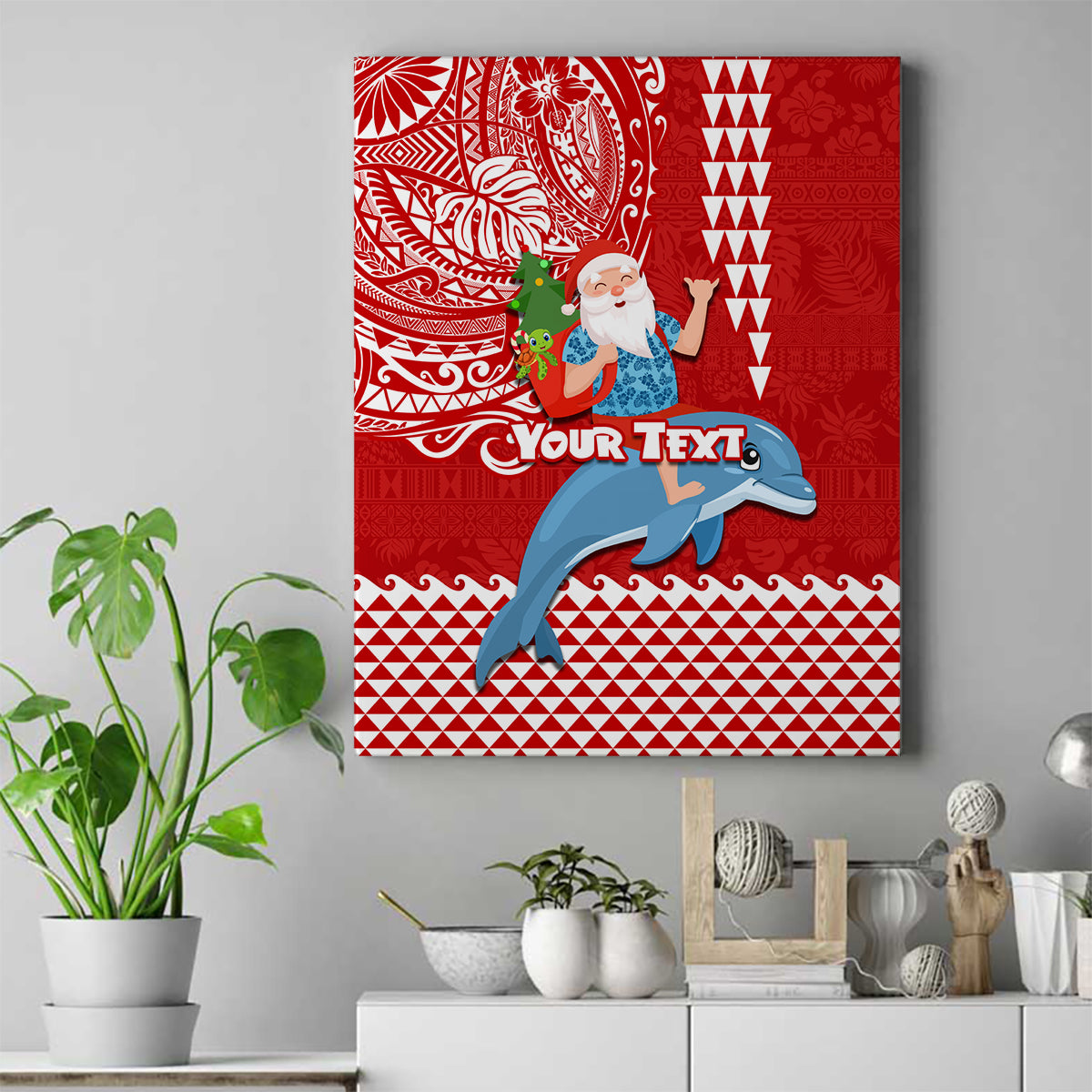 Custom Hawaii Mele Kalikimaka Canvas Wall Art Santa Riding The DolPhin Mix Kakau Pattern Red Style LT03 Red - Polynesian Pride