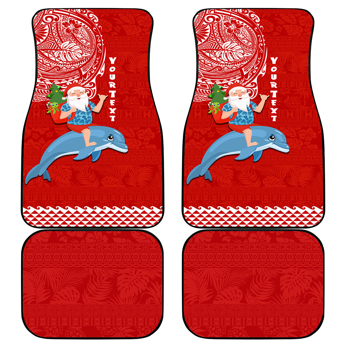 Custom Hawaii Mele Kalikimaka Car Mats Santa Riding The DolPhin Mix Kakau Pattern Red Style LT03 Red - Polynesian Pride