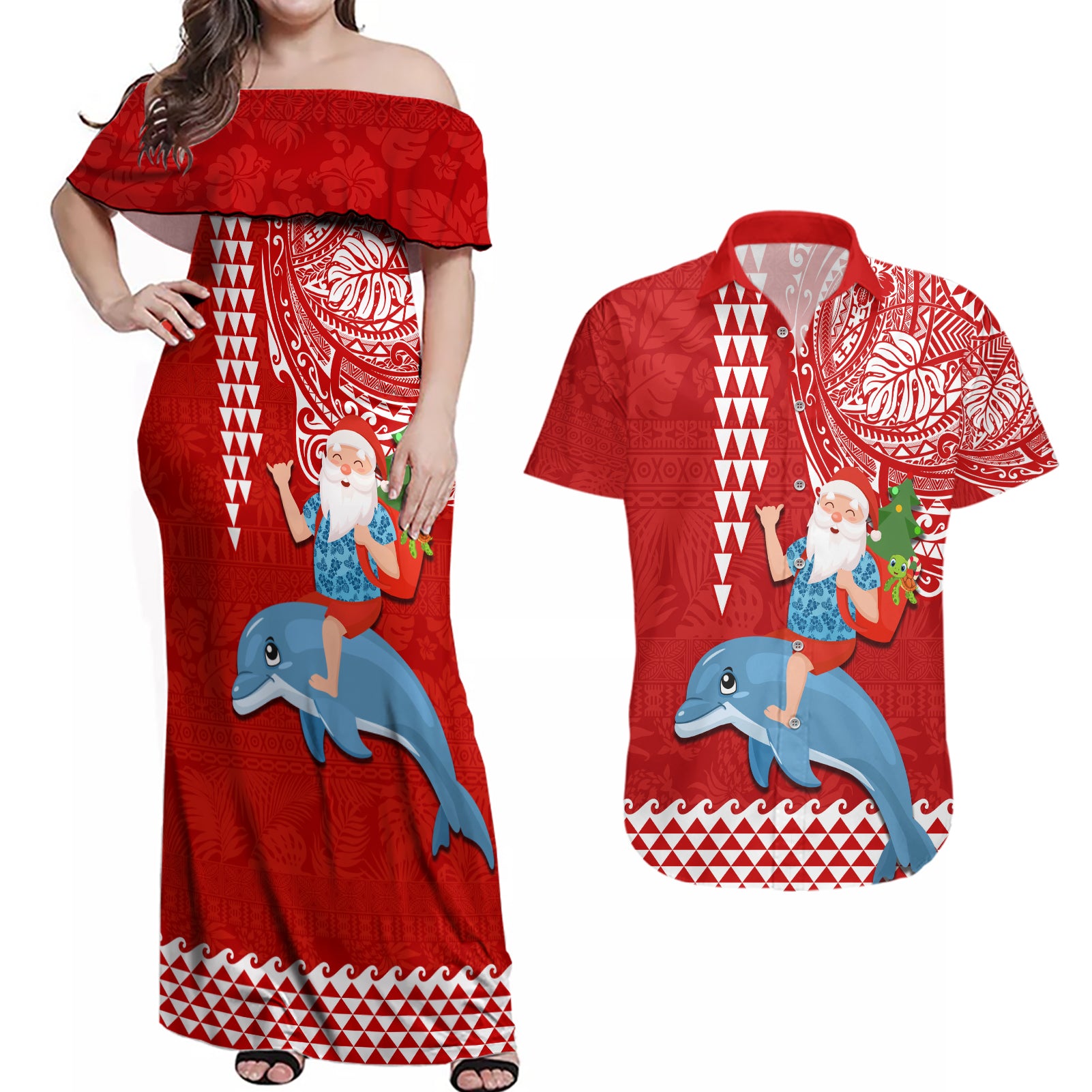 Custom Hawaii Mele Kalikimaka Couples Matching Off Shoulder Maxi Dress and Hawaiian Shirt Santa Riding The DolPhin Mix Kakau Pattern Red Style LT03 Red - Polynesian Pride