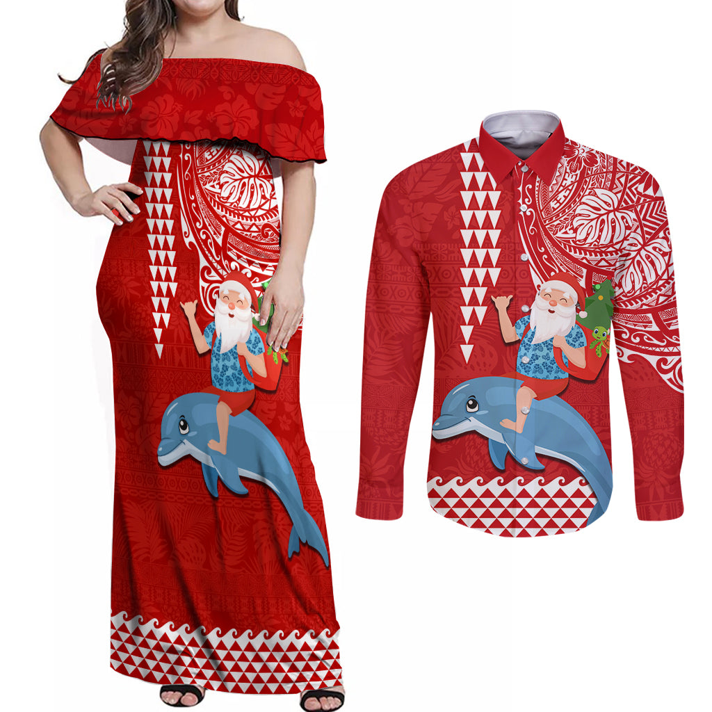 Custom Hawaii Mele Kalikimaka Couples Matching Off Shoulder Maxi Dress and Long Sleeve Button Shirt Santa Riding The DolPhin Mix Kakau Pattern Red Style LT03 Red - Polynesian Pride