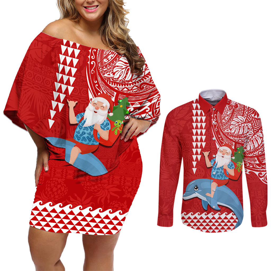 Custom Hawaii Mele Kalikimaka Couples Matching Off Shoulder Short Dress and Long Sleeve Button Shirt Santa Riding The DolPhin Mix Kakau Pattern Red Style LT03 Red - Polynesian Pride