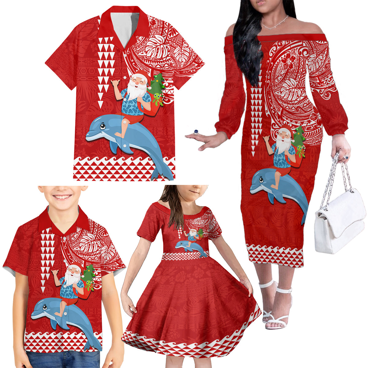 Custom Hawaii Mele Kalikimaka Family Matching Off Shoulder Long Sleeve Dress and Hawaiian Shirt Santa Riding The DolPhin Mix Kakau Pattern Red Style LT03 - Polynesian Pride