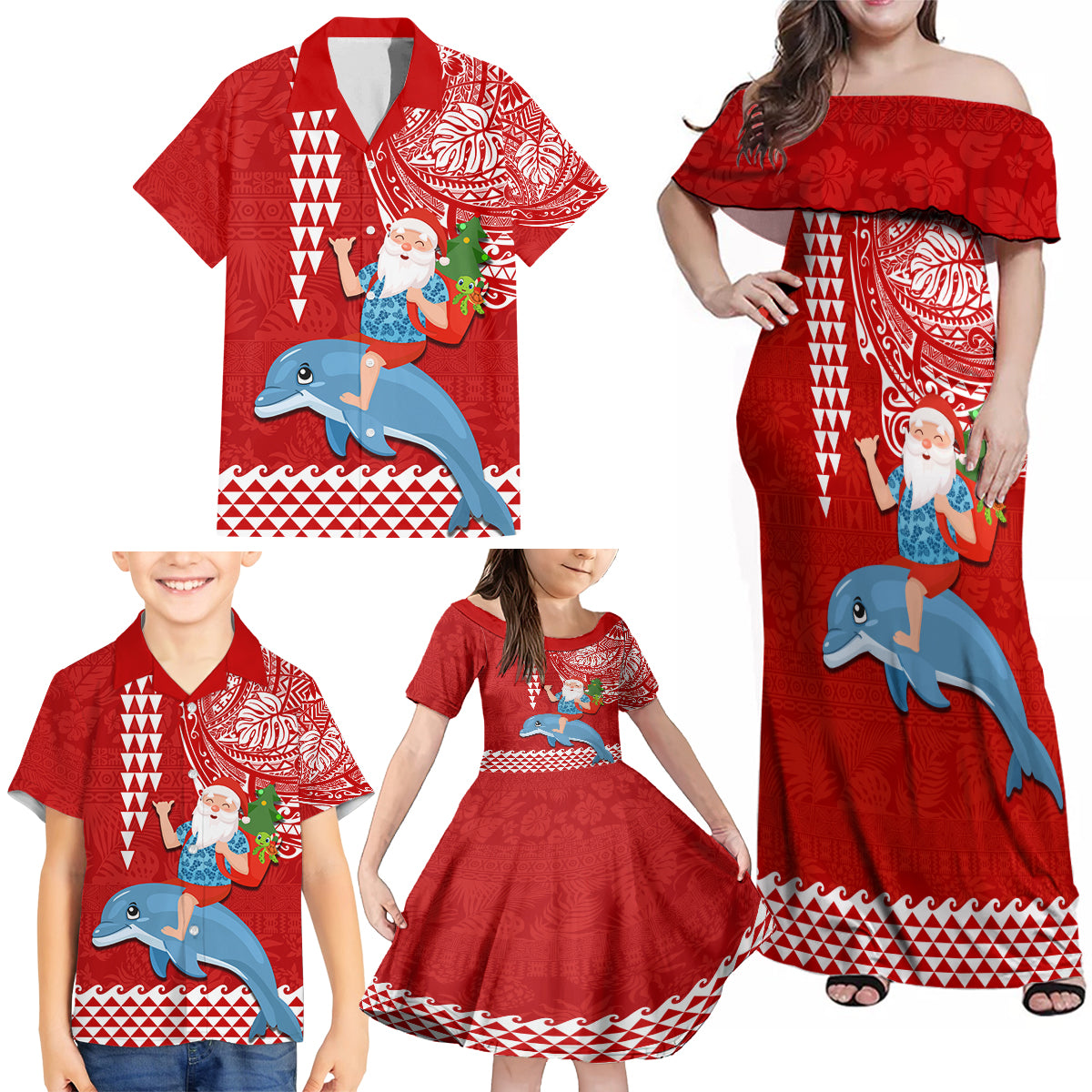 Custom Hawaii Mele Kalikimaka Family Matching Off Shoulder Maxi Dress and Hawaiian Shirt Santa Riding The DolPhin Mix Kakau Pattern Red Style LT03 - Polynesian Pride