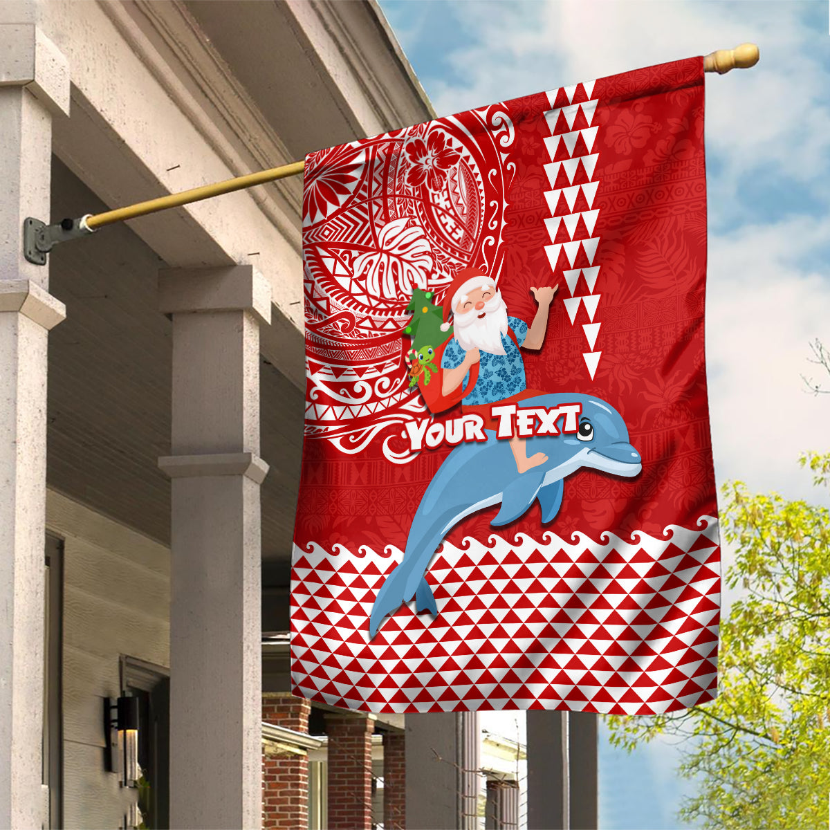 Custom Hawaii Mele Kalikimaka Garden Flag Santa Riding The DolPhin Mix Kakau Pattern Red Style LT03 House Flag Red - Polynesian Pride