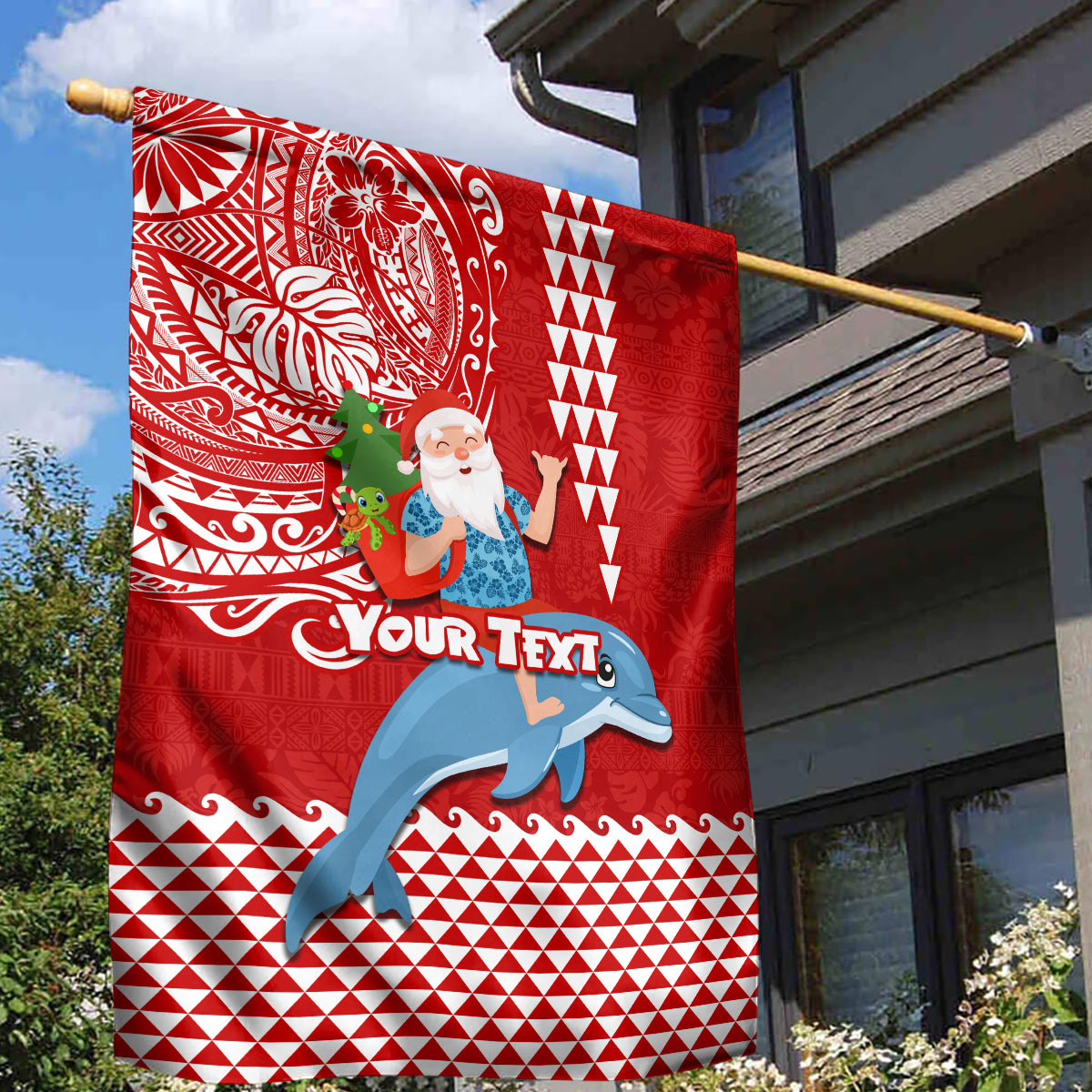 Custom Hawaii Mele Kalikimaka Garden Flag Santa Riding The DolPhin Mix Kakau Pattern Red Style LT03 - Polynesian Pride